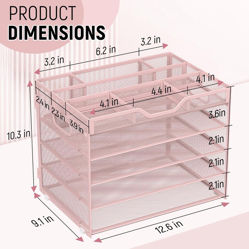 Docnest 5 Tier Mesh Desk Organizer- Letter Tray with Adjustable Compartments, Mesh Desktop Storage Built in Pen Holder and Handles, Desk Organizer Tray for Mail Documents Office Supplies–Pink - Image 3
